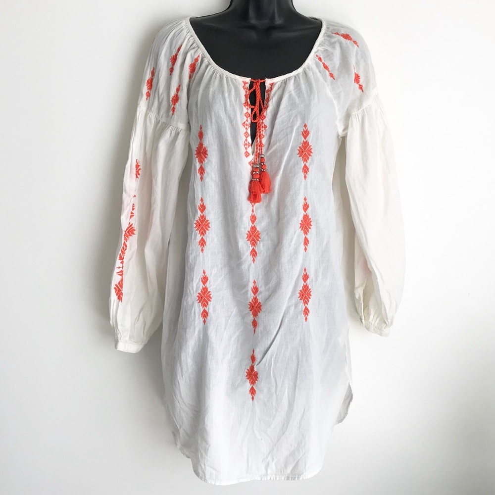 H&M Embroidered Tassel Boho White Tunic Dress 2